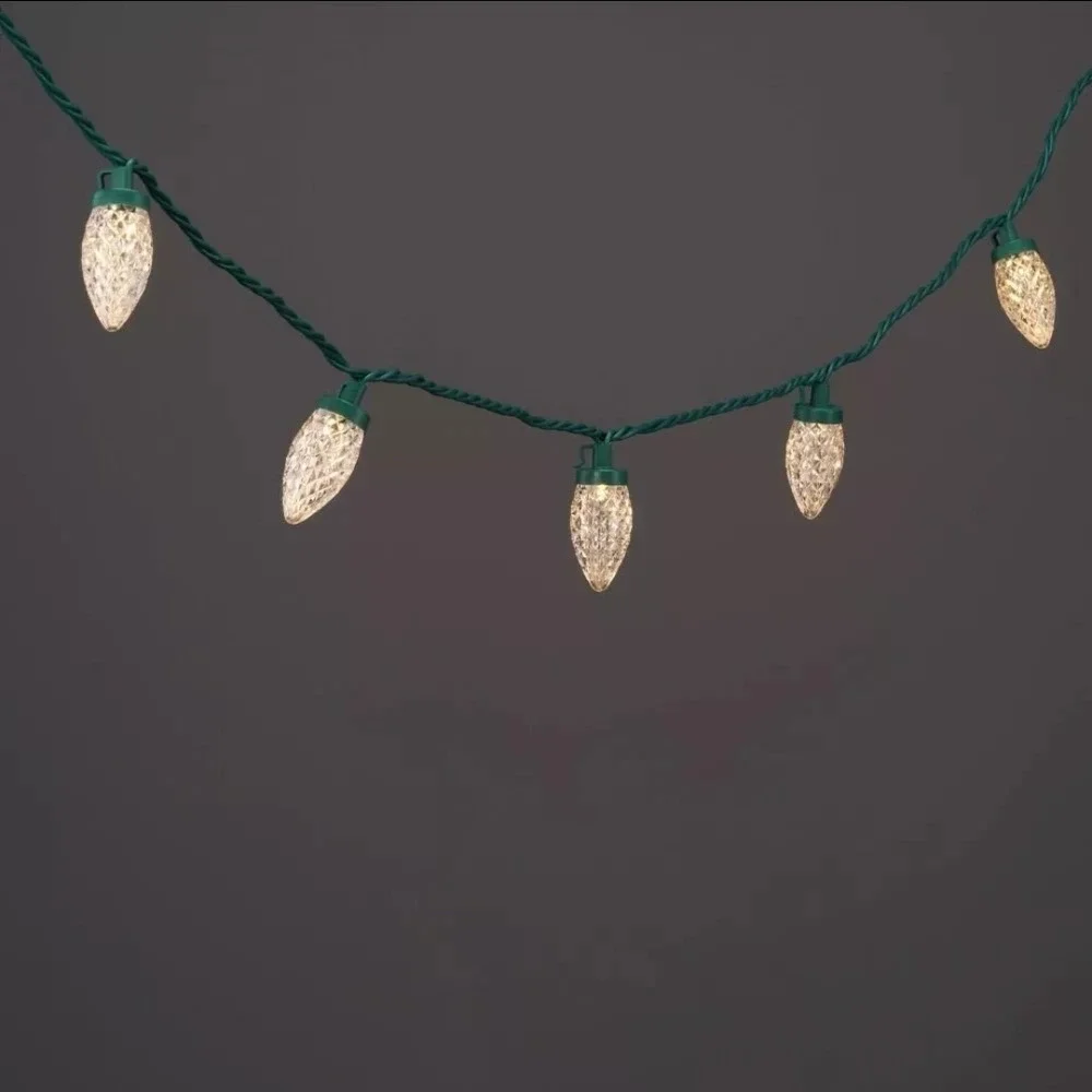 Wondershop 25ct C9 Faceted Christmas String‎ Lights Warm White w/ Green Wire New
